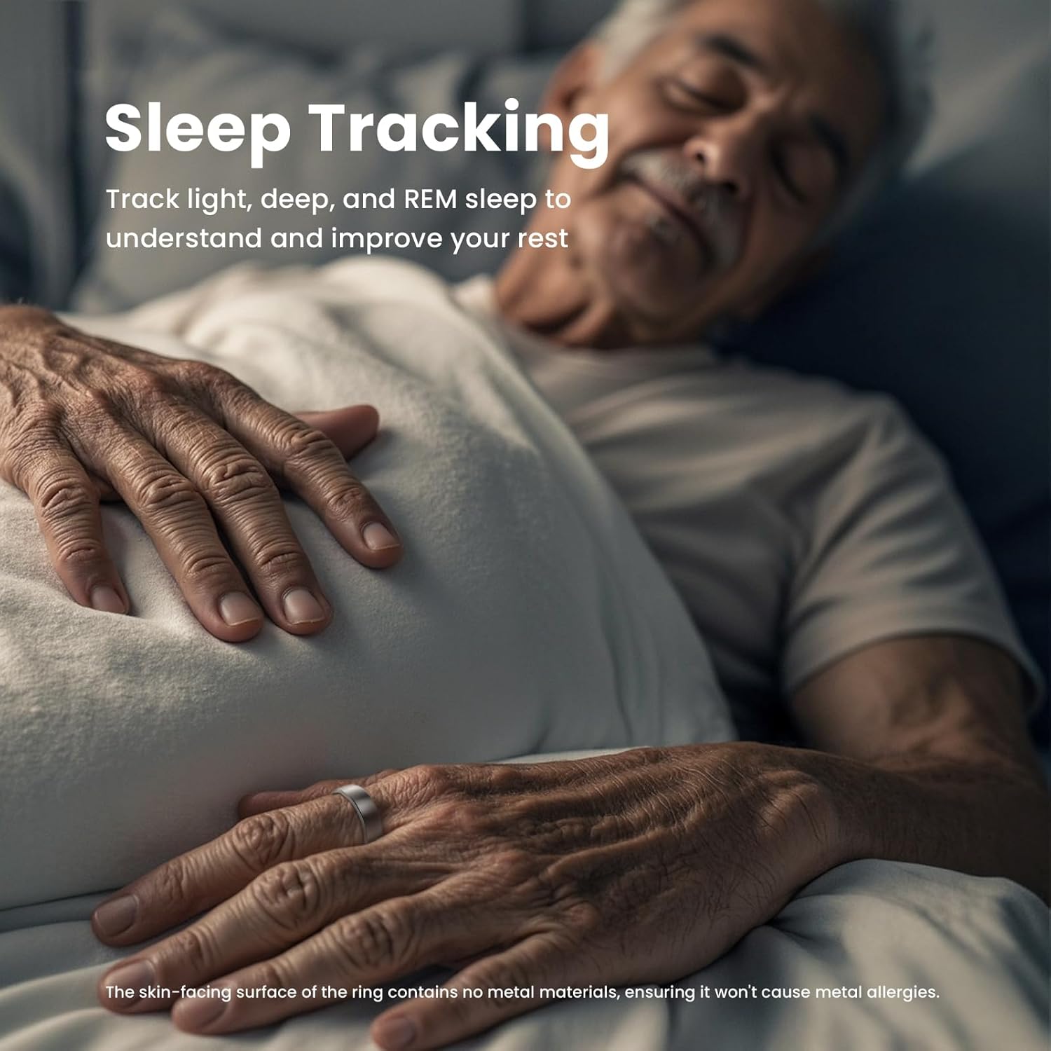 Sleeping man wearing silver R10 ring with text about light, deep, and REM sleep tracking