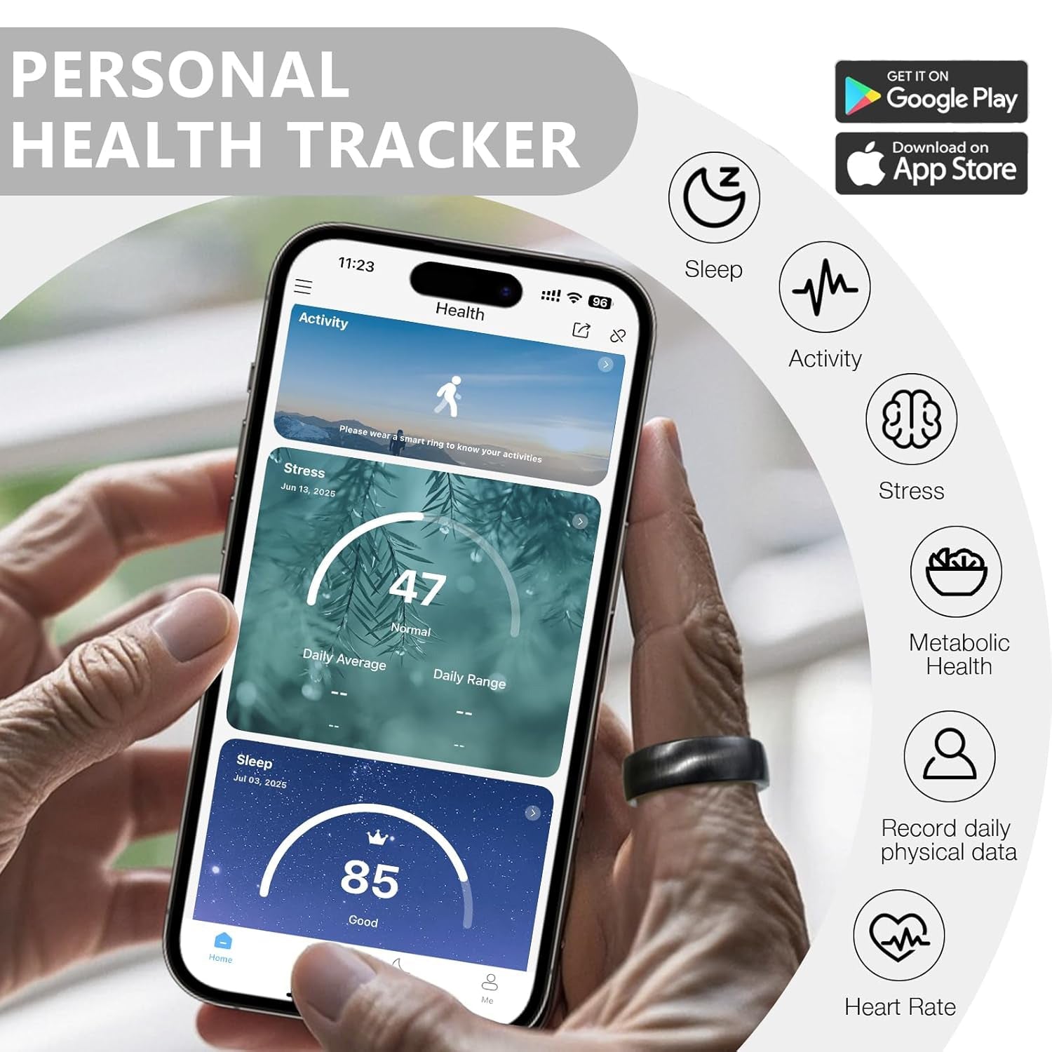 Hand holding phone with personal health tracker screens for activity, stress, and sleep