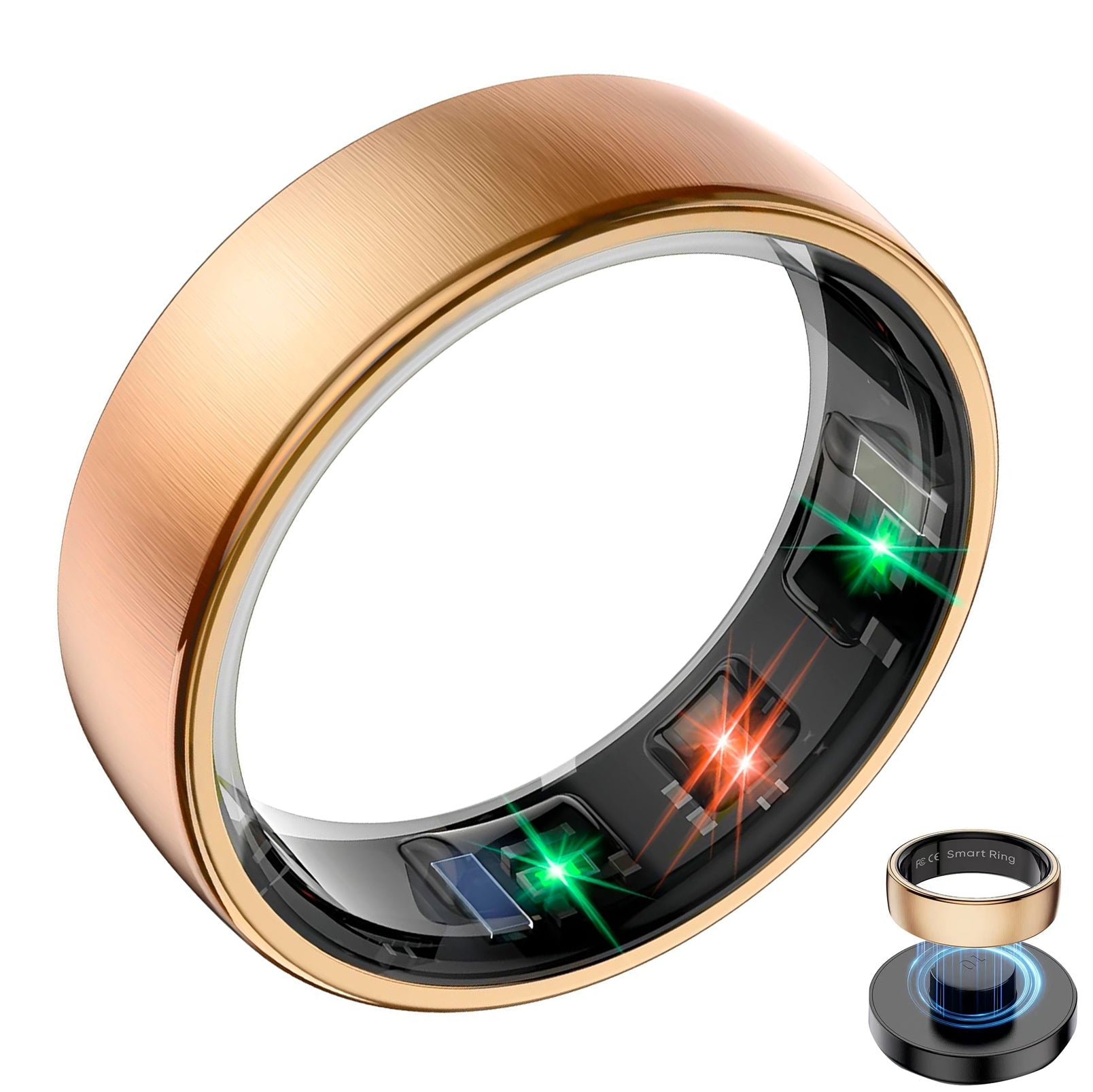 Gold R10 smart ring with brushed finish, illuminated inner sensors, and magnetic charging dock