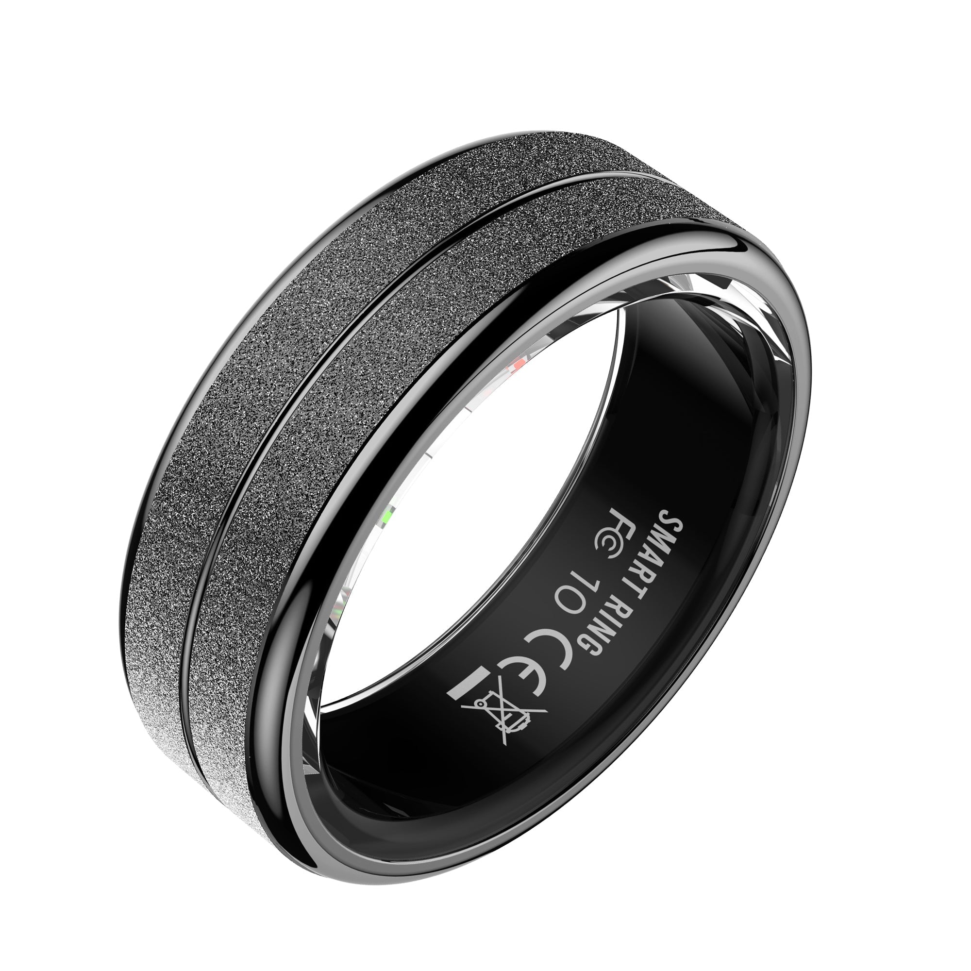 Black R4S smart ring with glitter-textured bands, center groove, and glossy black interior