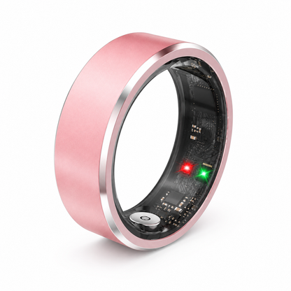 Matte pink R5 smart ring with silver edges and visible inner sensors on white#color_r5-pink