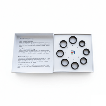 Open white ring sizing kit box with eight black sample rings and a printed fitting guide