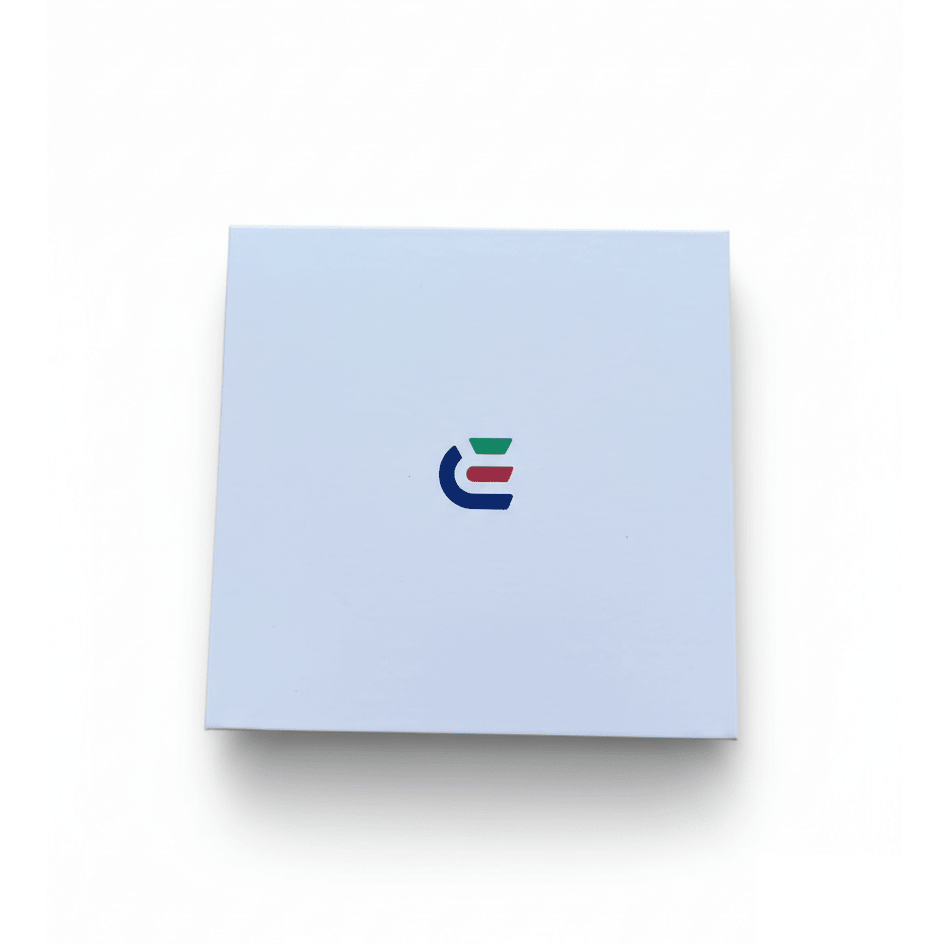 Closed white Wrongduck ring sizing kit box with multicolor logo on a white background