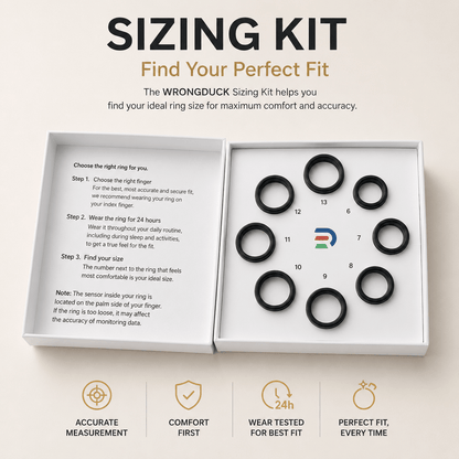 Open Wrongduck sizing kit with black sample rings in sizes 6–13 and fitting instructions