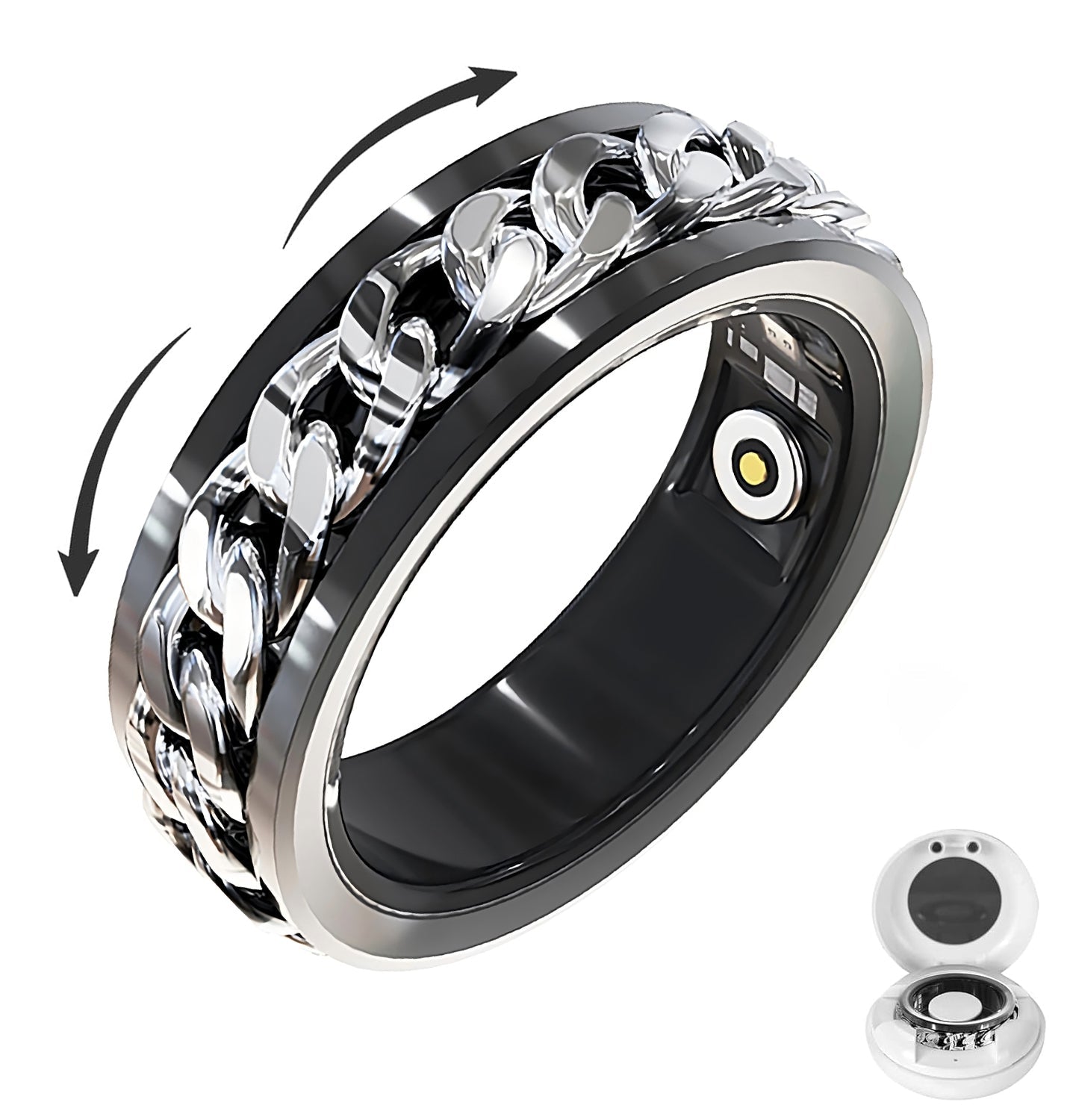 Black and silver rotary smart ring with movable chain band and inner sensor beside charging case