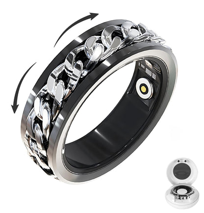 Black and silver rotary smart ring with movable chain band and inner sensor beside charging case