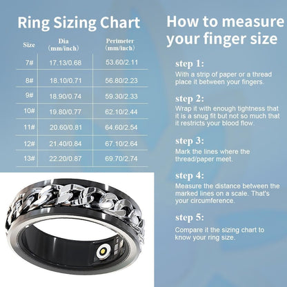 Rotary smart ring sizing chart for sizes 7–13 with five steps for measuring finger circumference