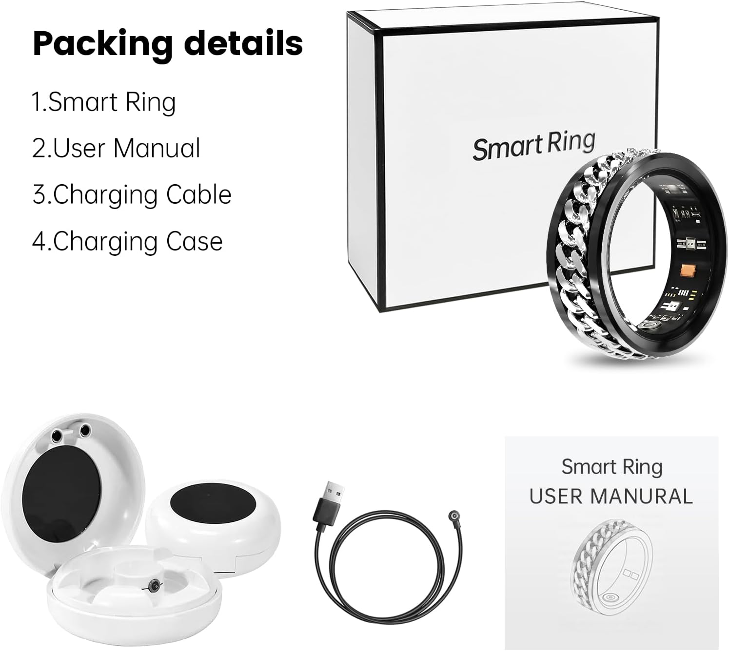 Rotary smart ring package with charging case, cable, user manual, and product box