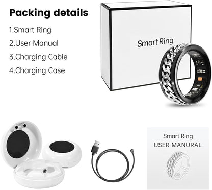 Rotary smart ring package with charging case, cable, user manual, and product box