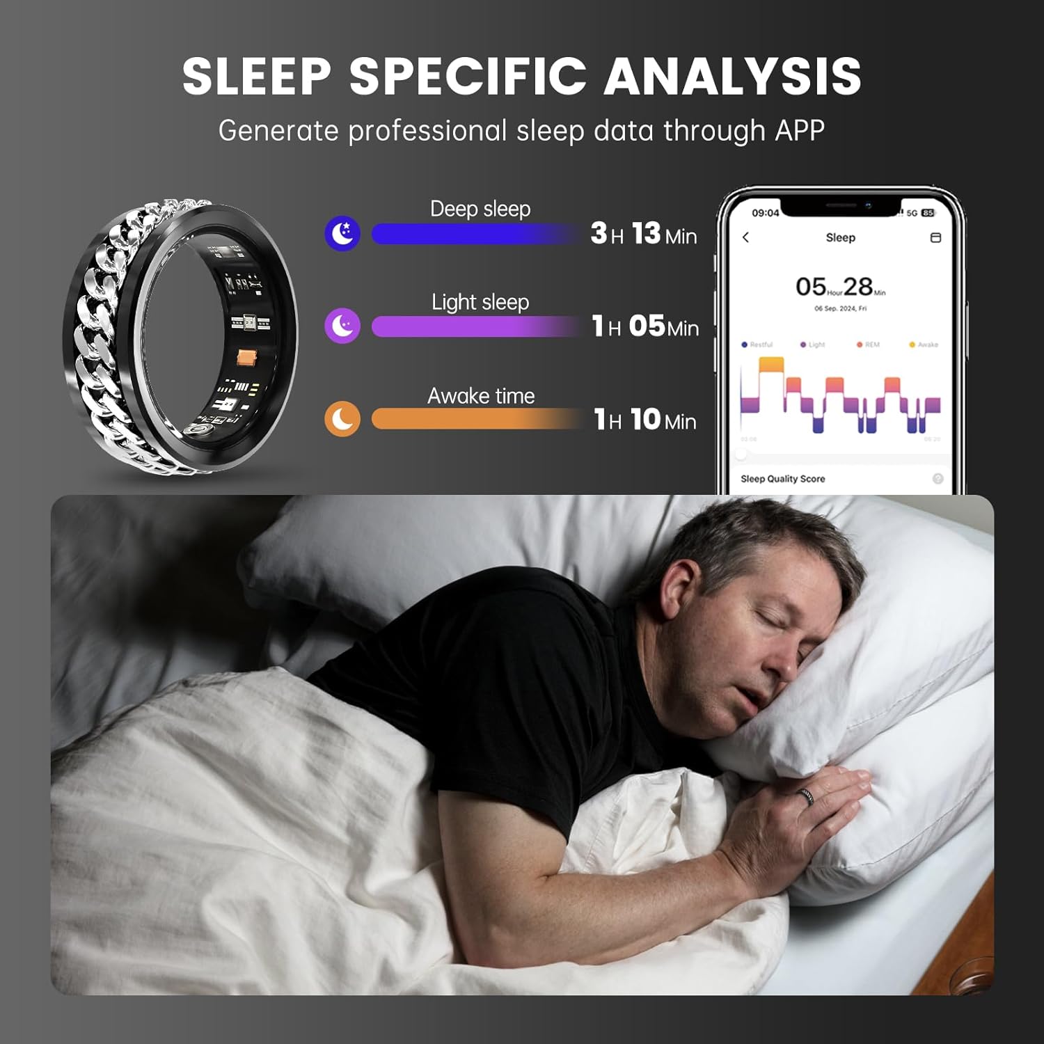 Sleeping man wearing rotary smart ring beside sleep stages, duration, and app report