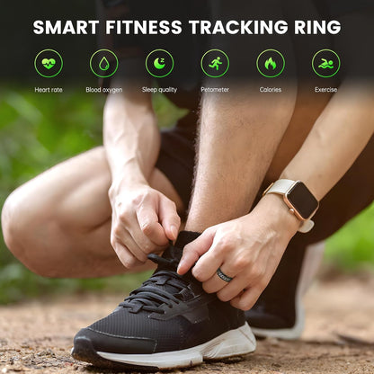 Athlete tying a shoe while wearing rotary smart ring beneath heart, sleep, and fitness tracking icons