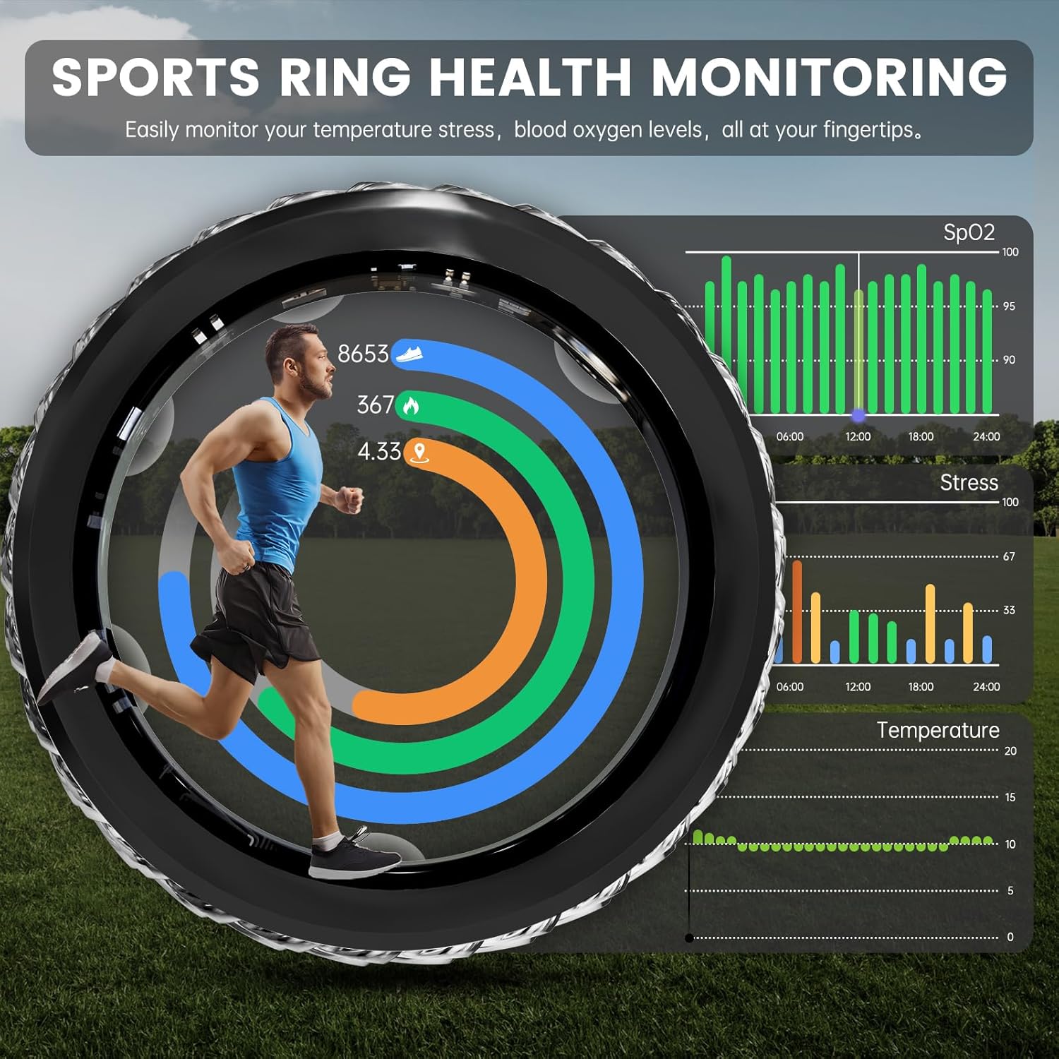 Runner framed by rotary smart ring beside activity, blood oxygen, stress, and temperature charts