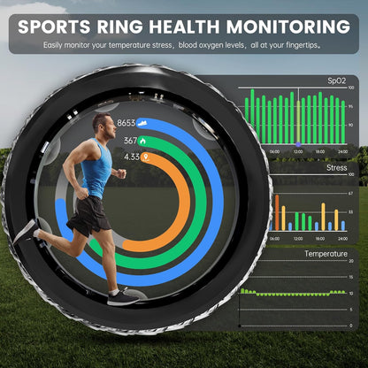 Runner framed by rotary smart ring beside activity, blood oxygen, stress, and temperature charts