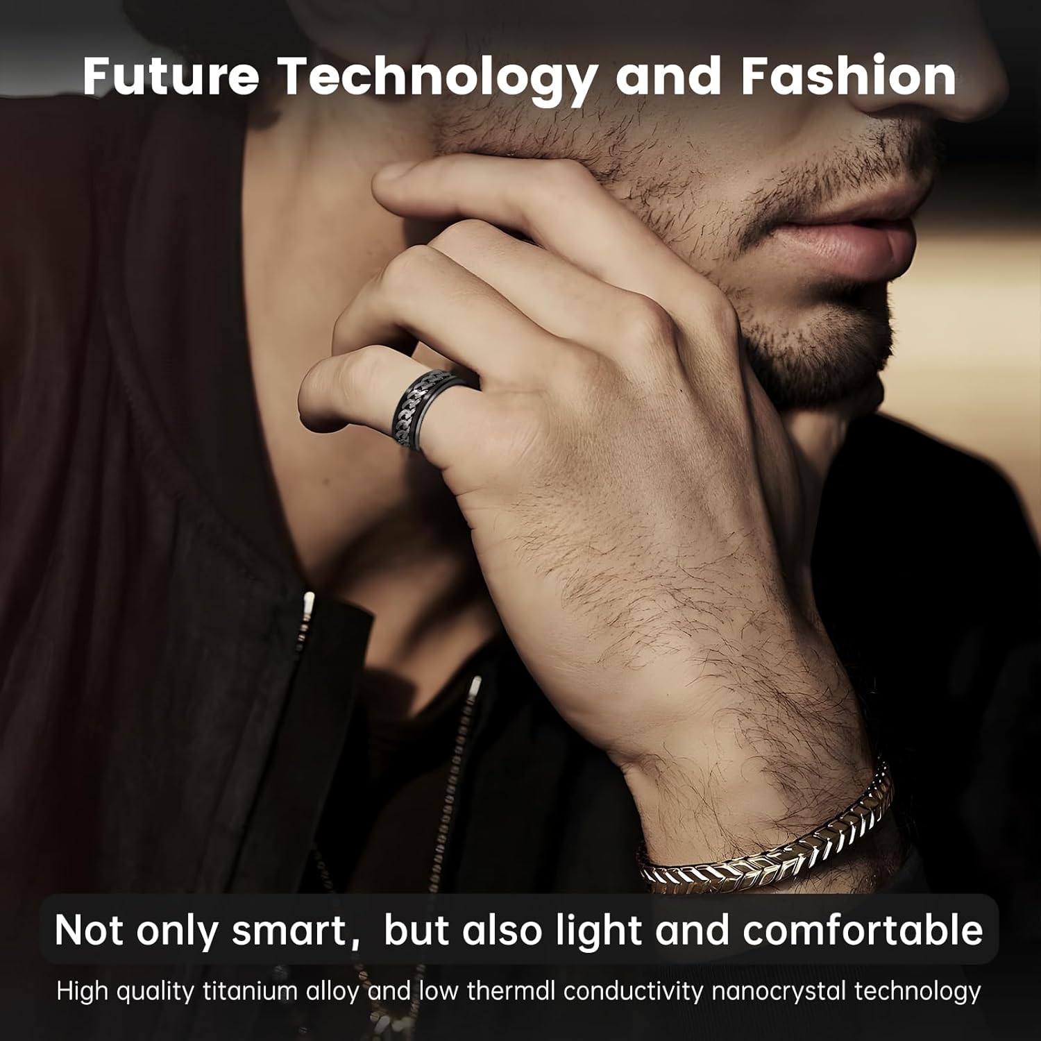 Man wearing black and silver chain-style smart ring with lightweight titanium design message