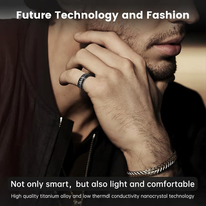 Man wearing black and silver chain-style smart ring with lightweight titanium design message