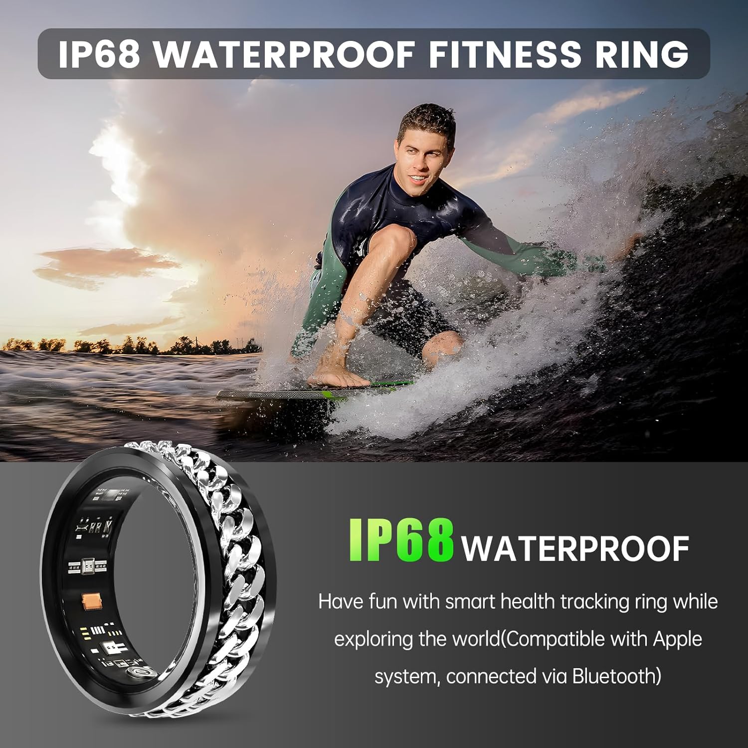 Surfer riding a wave above black and silver rotary ring with IP68 waterproof message