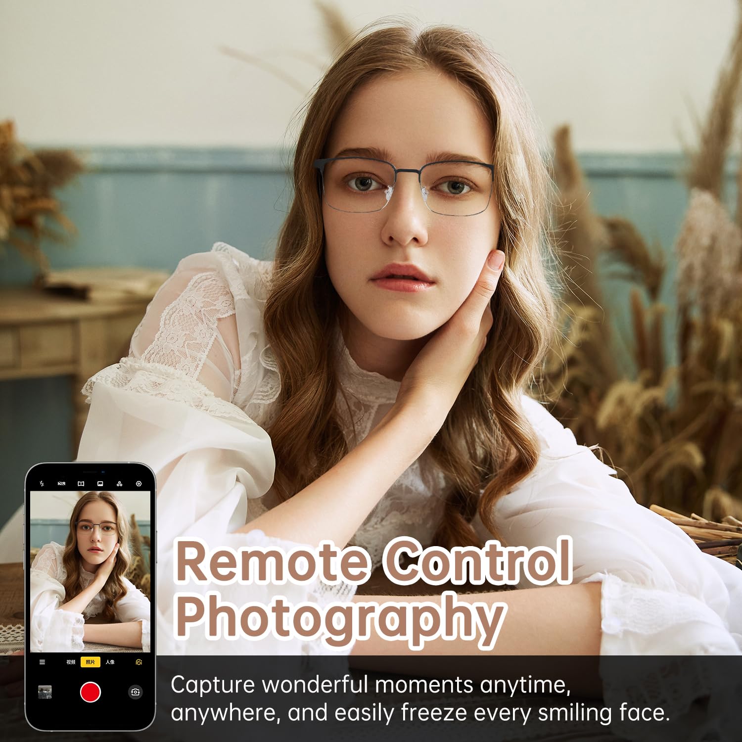 Woman wearing SG1 glasses beside a phone camera screen for remote photography control