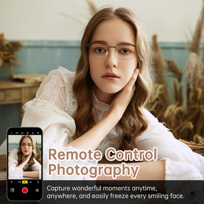 Woman wearing SG1 glasses beside a phone camera screen for remote photography control
