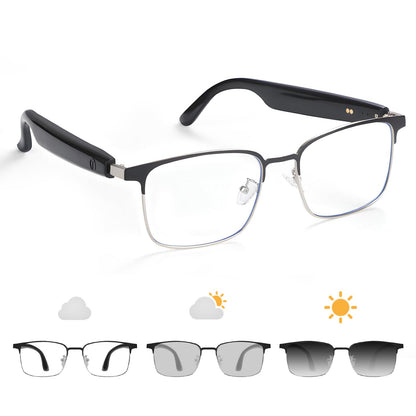 Black SG1 smart glasses with clear-to-dark photochromic lens stages on white