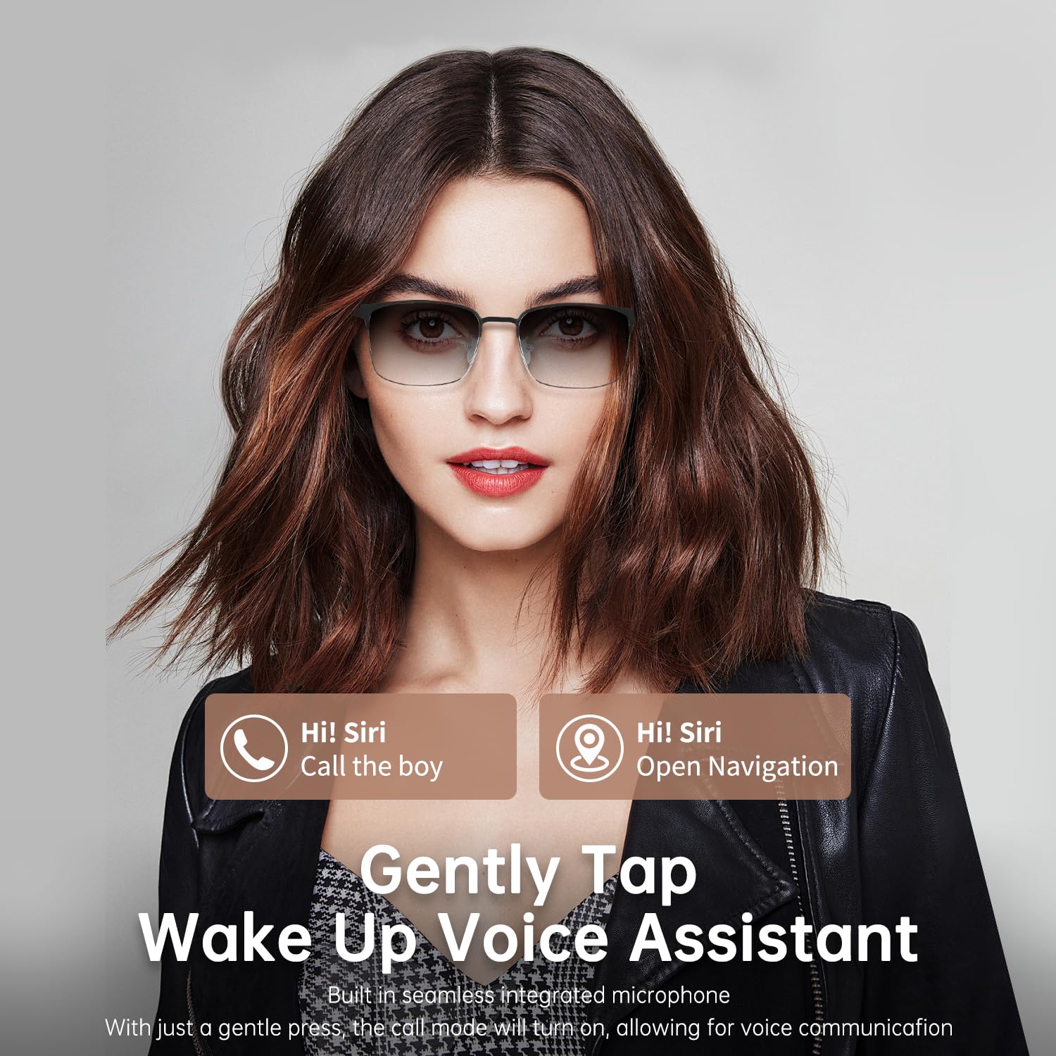 Woman wearing dark SG1 glasses with tap controls for calling and voice navigation