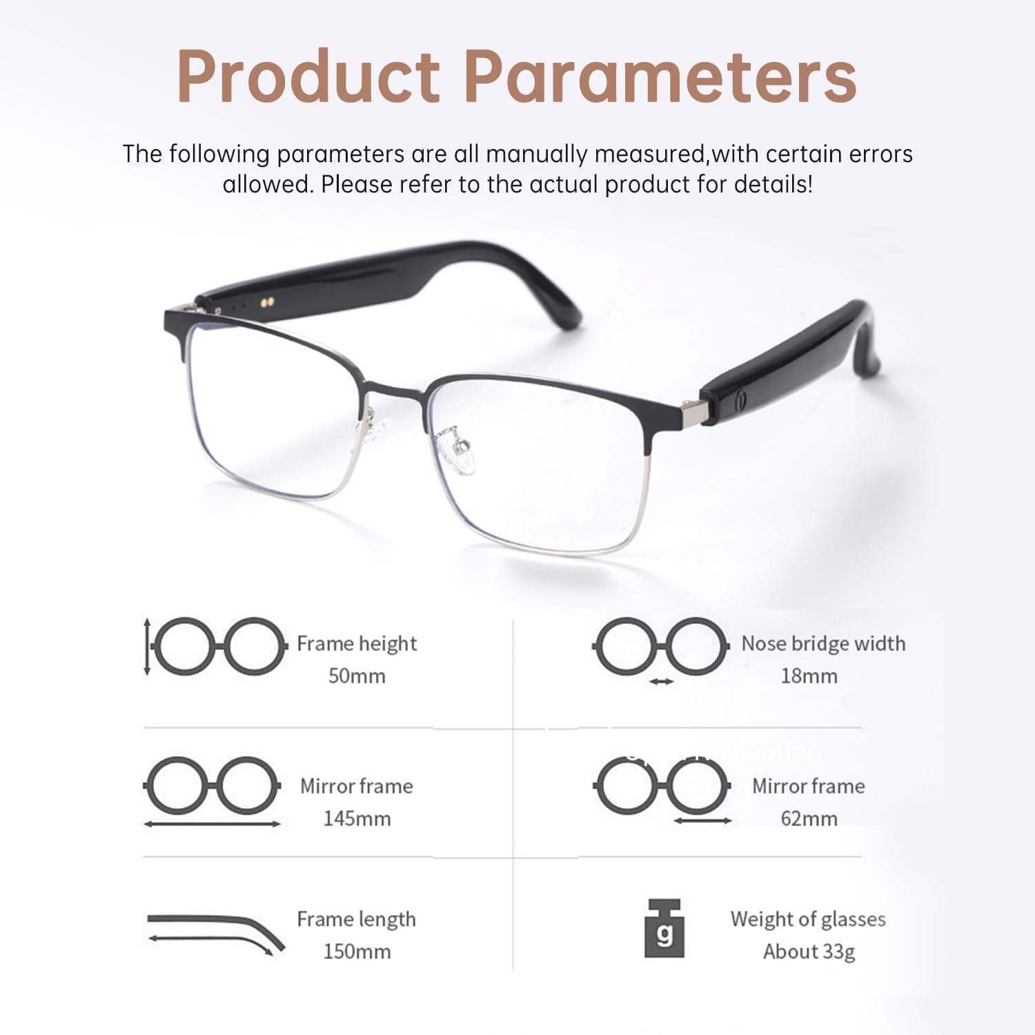 SG1 smart glasses size chart with 50 mm frame height, 145 mm width, and 33 g weight