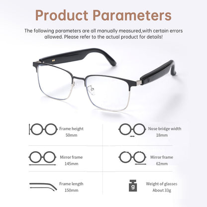 SG1 smart glasses size chart with 50 mm frame height, 145 mm width, and 33 g weight