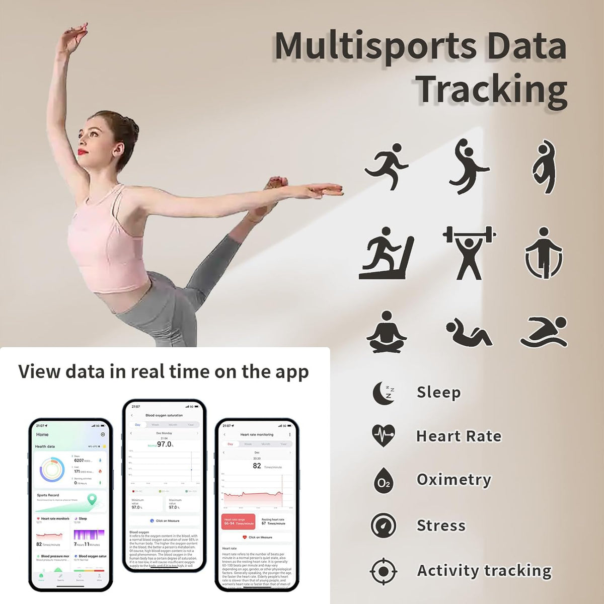 Woman exercising beside multisport icons and app screens for sleep, heart rate, oxygen, and stress