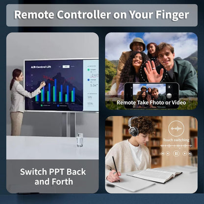 Smart ring remote-control examples for presentation slides, phone camera, and music playback
