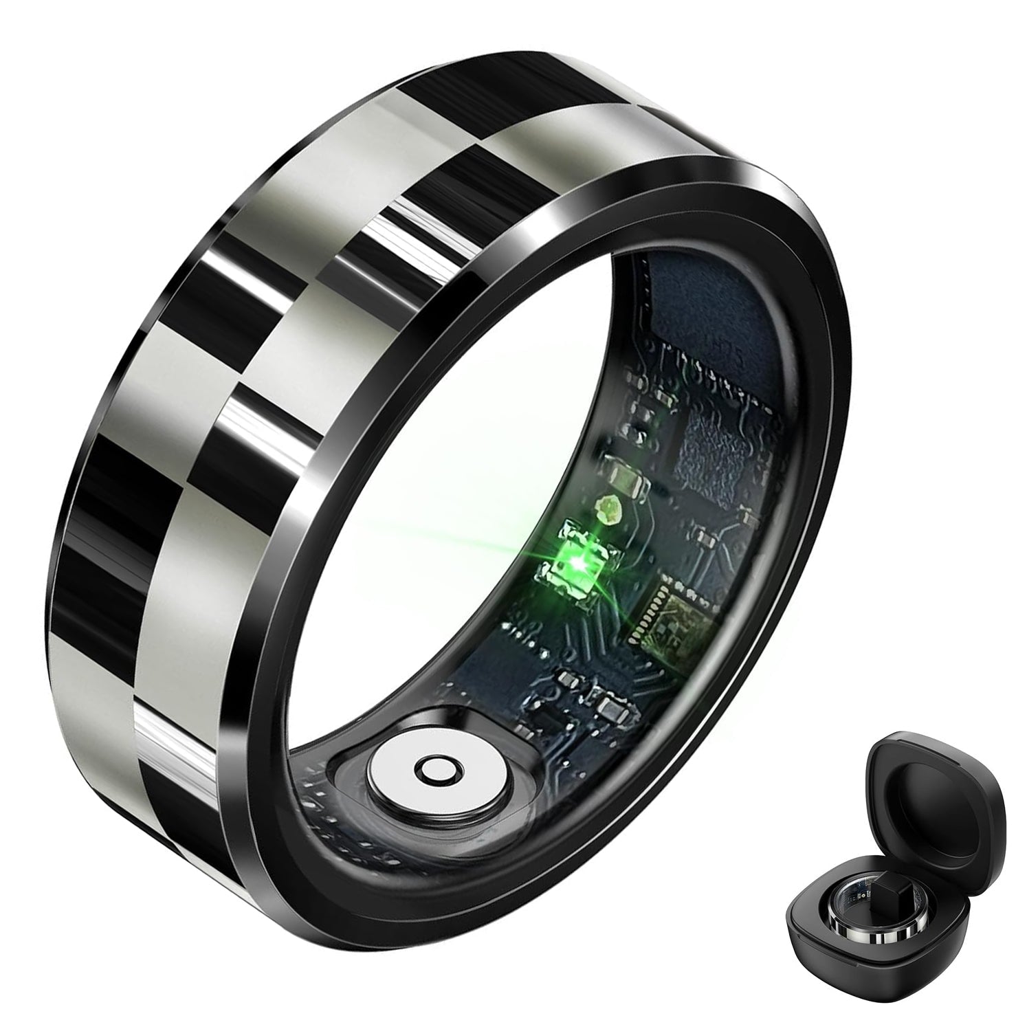 Silver and black checkered smart ring with visible inner sensors beside an open charging case