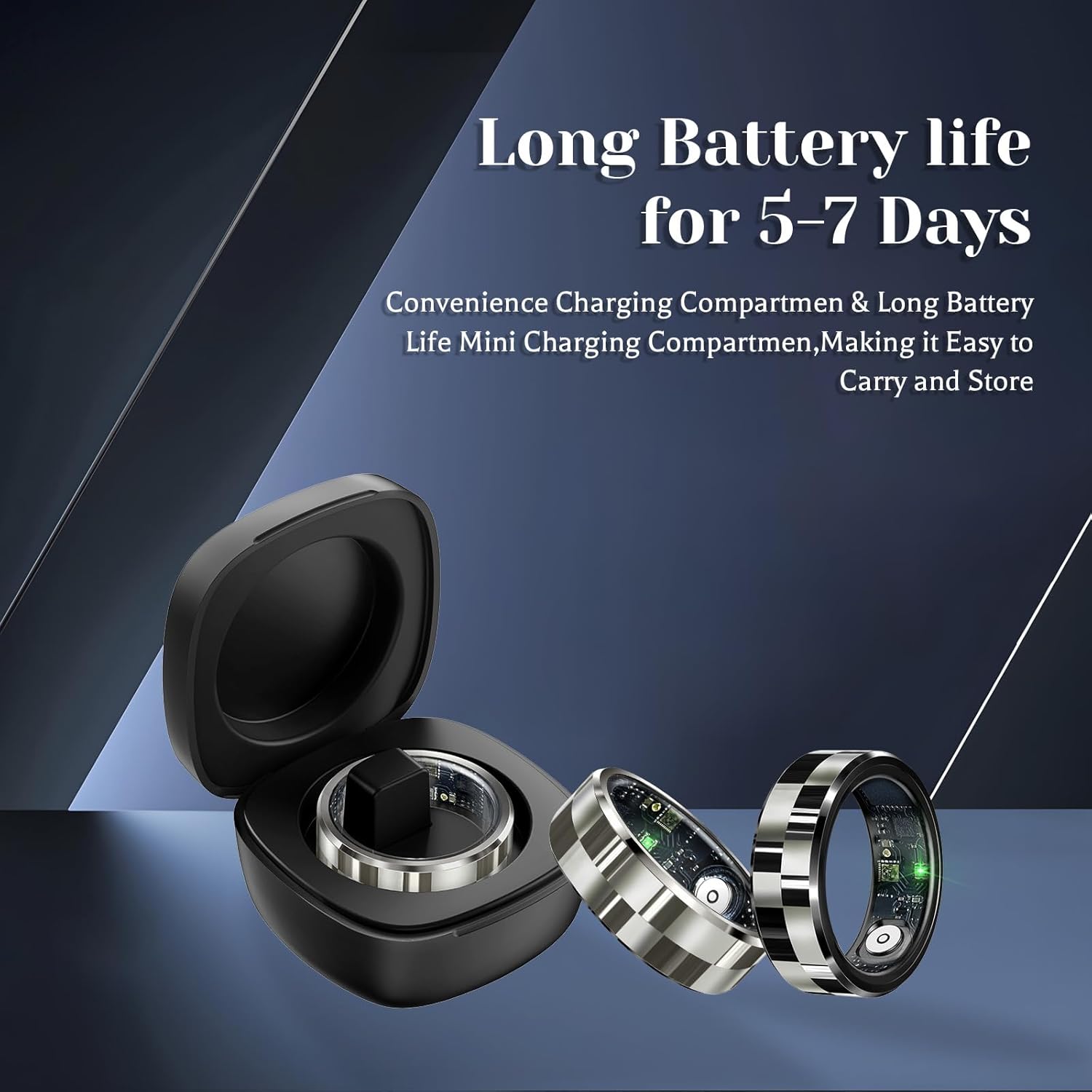 SilverGrid smart rings beside an open black charging case with a 5–7 day battery life message
