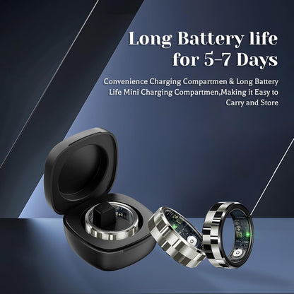 SilverGrid smart rings beside an open black charging case with a 5–7 day battery life message