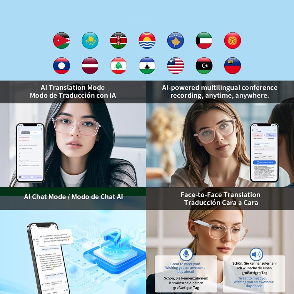 Four-panel guide to AI translation, multilingual recording, AI chat, and face-to-face translation