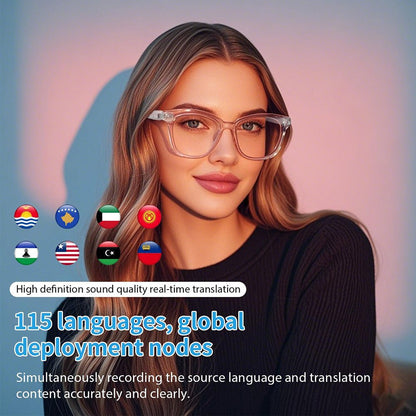 Woman wearing pink translator smart glasses with 115-language real-time translation graphic