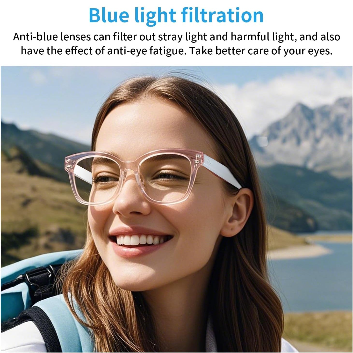 Woman outdoors wearing pink smart glasses beneath blue-light filtration message