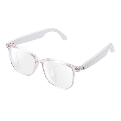 Transparent pink smart glasses with clear rectangular lenses and white arms on a white background