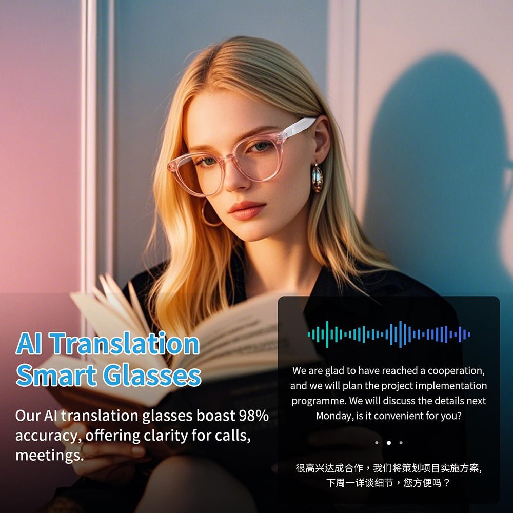 Woman reading in pink AI translator glasses beside English and Chinese meeting transcript