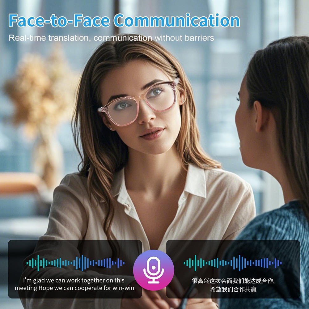 Two women talking face to face with real-time English and Chinese translation waveforms