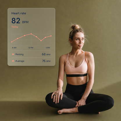 Woman wearing a smart ring with a transparent heart rate trend display