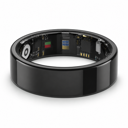 Glossy black SR1 smart ring lying flat with visible inner electronics on a white background#color_sr1-black