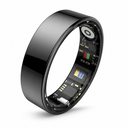 Glossy black SR1 smart ring with visible inner sensors on a white background#color_sr1-black