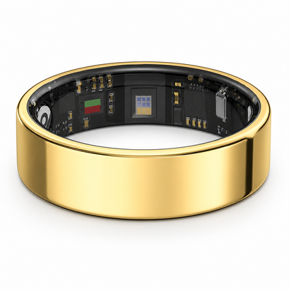 Polished gold SR1 smart ring lying flat with visible inner electronics on a white background#color_sr1-gold