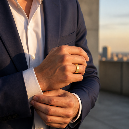 Man wearing a polished gold SR1 smart ring on a rooftop#color_sr1-gold