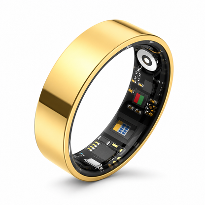 Polished gold SR1 smart ring with visible inner sensors on a white background#color_sr1-gold