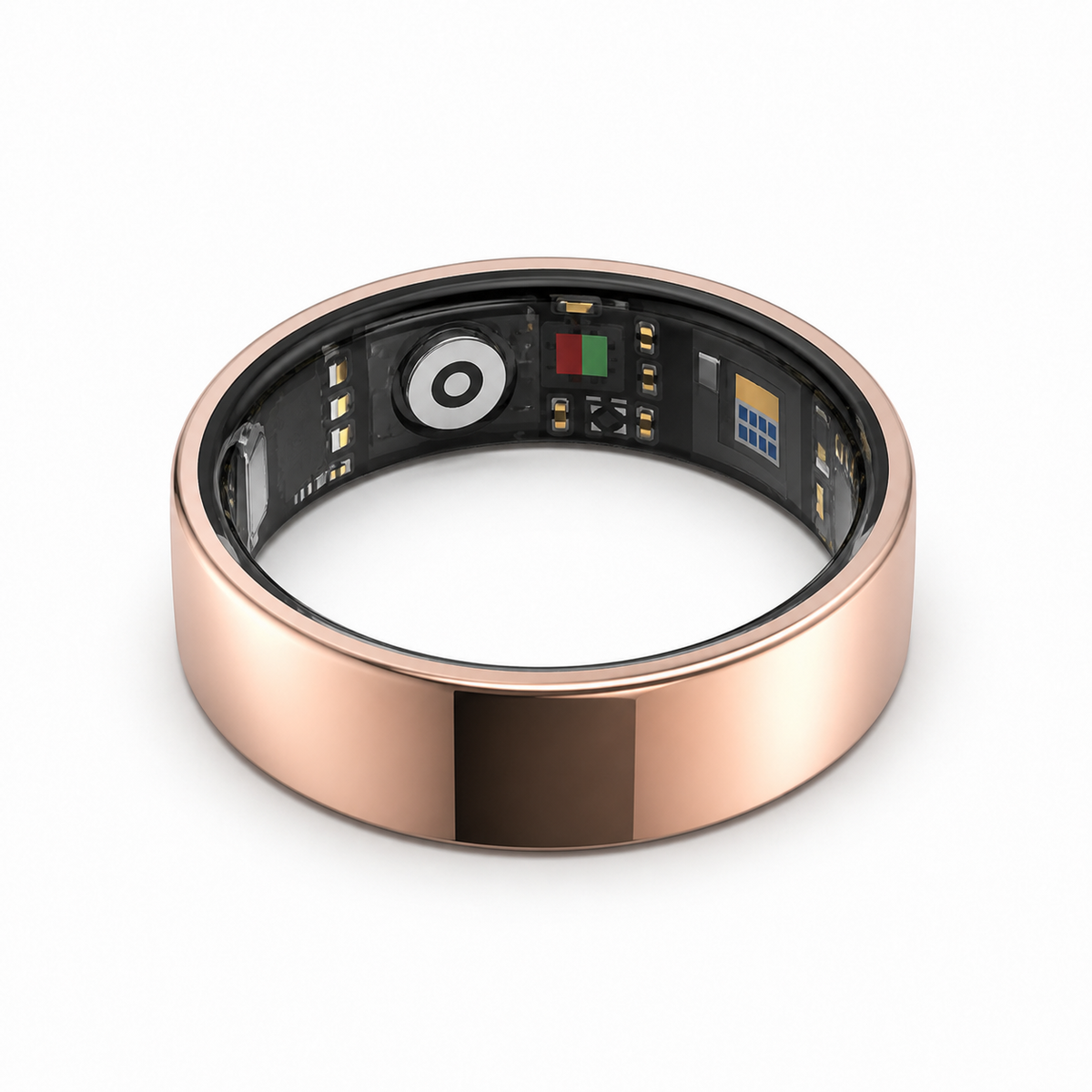 Rose gold SR1 smart ring lying flat with visible inner electronics on a white background#color_sr1-rose-gold