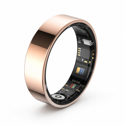 Rose gold SR1 smart ring upright with visible inner sensors on a white background#color_sr1-rose-gold