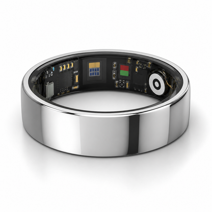 Polished silver SR1 smart ring lying flat with visible inner electronics on a white background#color_sr1-silver