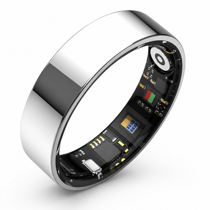 Polished silver SR1 smart ring with visible inner sensors on a white background#color_sr1-silver