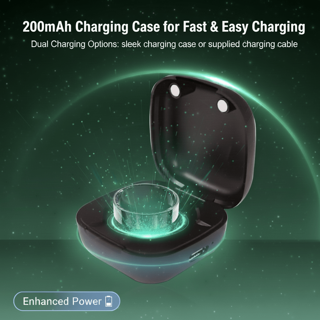 Black SR1 ring glowing in an open 200 mAh charging case on a green background