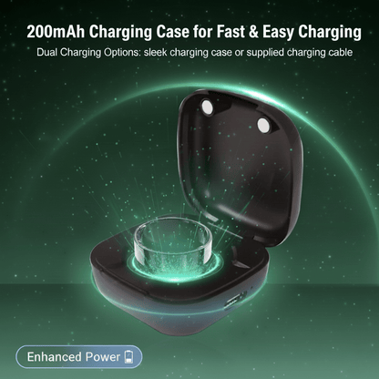 Black SR1 ring glowing in an open 200 mAh charging case on a green background
