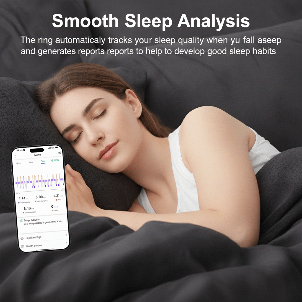 Woman sleeping on dark bedding beside a phone displaying a sleep analysis report